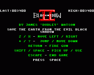BLACK WIDOW II. The premise is a graphic adventure, but one with the addition of a gun, and firing baddies. It is a wholly machine code number, with a nice loading sequence and big recognisable tough guy sprites.
