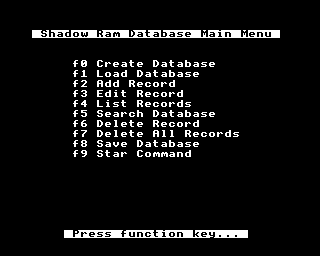Shadow RAM Database Main Menu